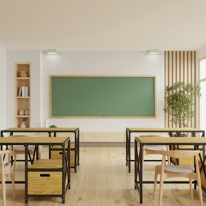 Classroom with school desks and greenboard,empty school classroom.
